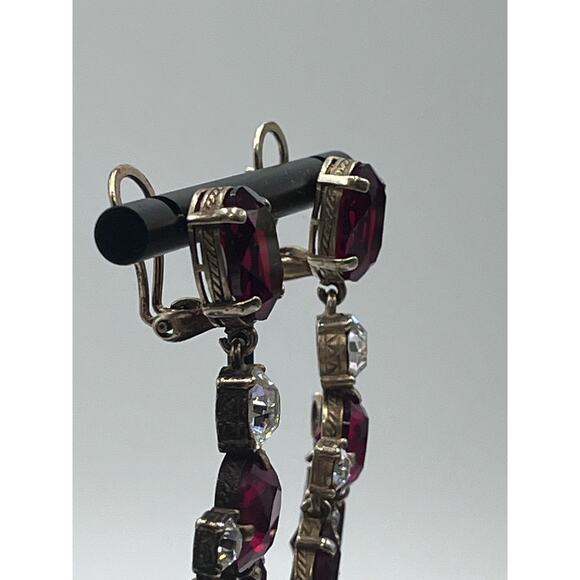 Beautiful Vintage Signed Red Clear Rhinestone Chandelier Clip On Earrings - Picture 4 of 16